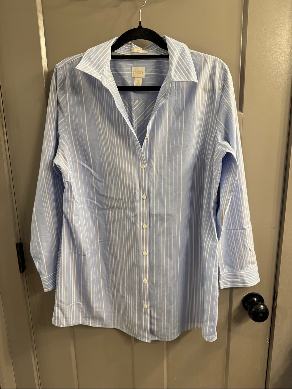 Chico's Light Blue & White Striped Button-Down Shirt